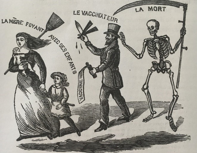 French-language cartoon depicts a woman carrying a baby and holding a child's hand labelled "the mother flees with her children." She is followed by the vaccinator (a man holding a bloody knife and a bottle of vaccine). and a skeleton with a scythe, labelled "Death."