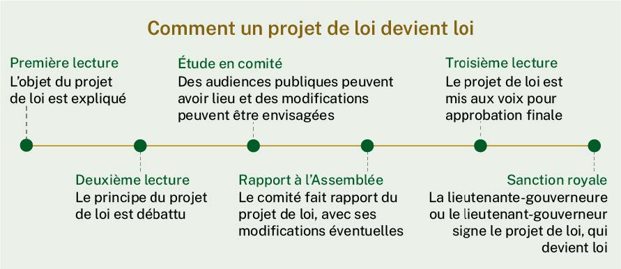 Ce graphique montre comment un projet de loi devient une loi. Cela commence à la première lecture lorsque l'objet du projet de loi est expliqué. En deuxième lecture, le projet de loi est débattu en principe. Ensuite, le projet de loi est examiné par une commission et des audiences publiques peuvent avoir lieu. Le Comité fait rapport à la Chambre avec tout amendement, puis le projet de loi est voté pour approbation finale. Le lieutenant-gouverneur signe le projet de loi et il devient loi.