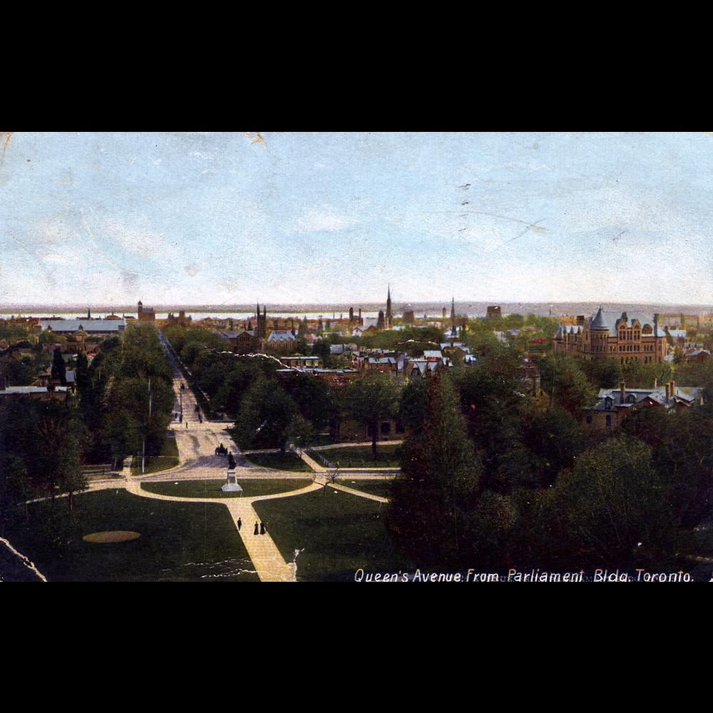 Vue aérienne de Toronto regardant vers le sud de l’édifice législatif, vers 1905.