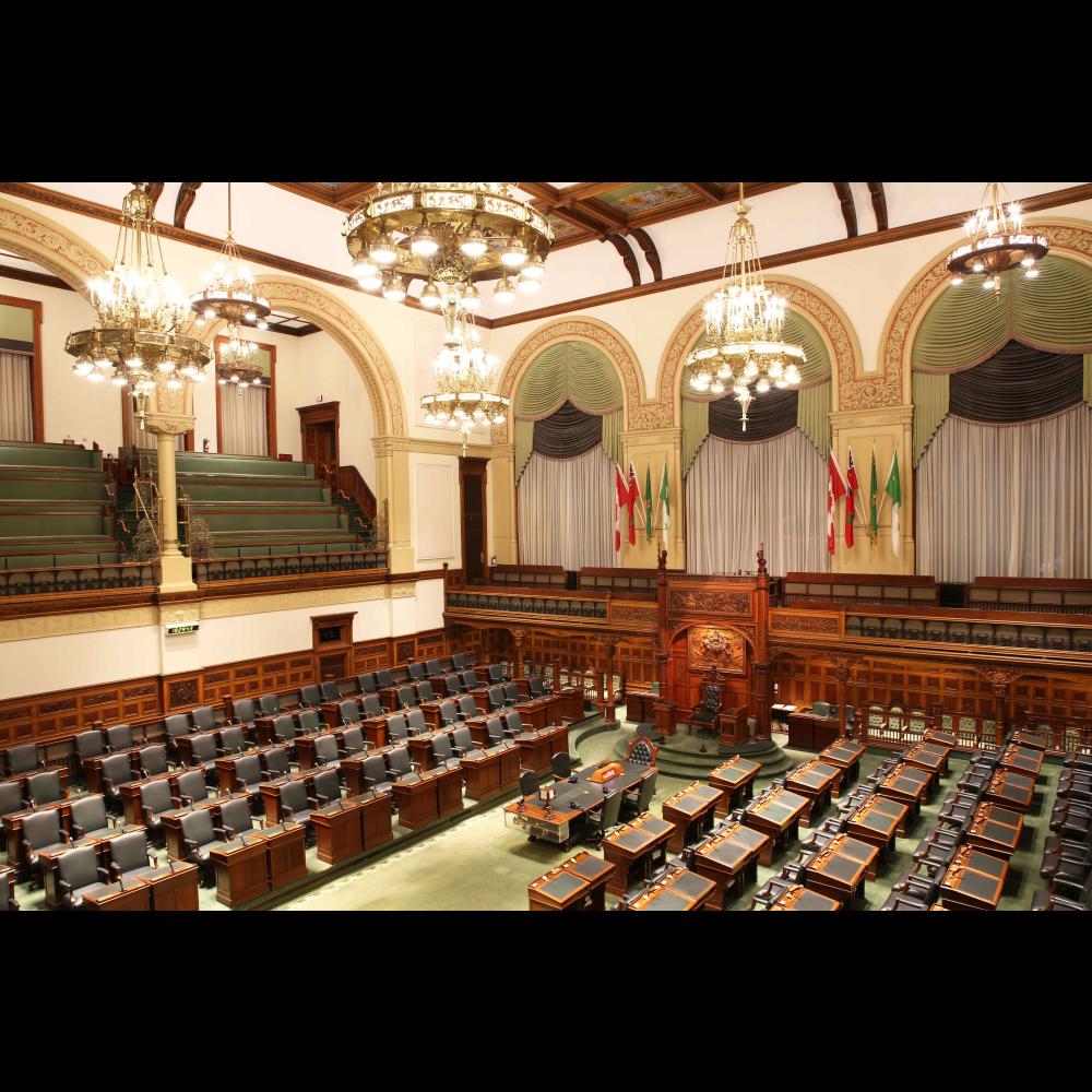 A top down, angled view of the Legislative Chamber