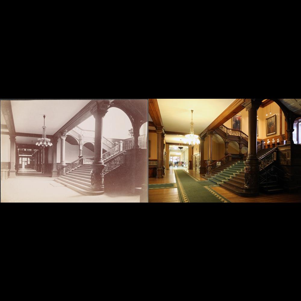 Two pictures of the grand staircase inside Ontario's Legislative Building