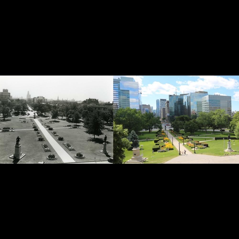 Two contrasting pictures looking south towards downtown Toronto from Ontario's Legislative Building