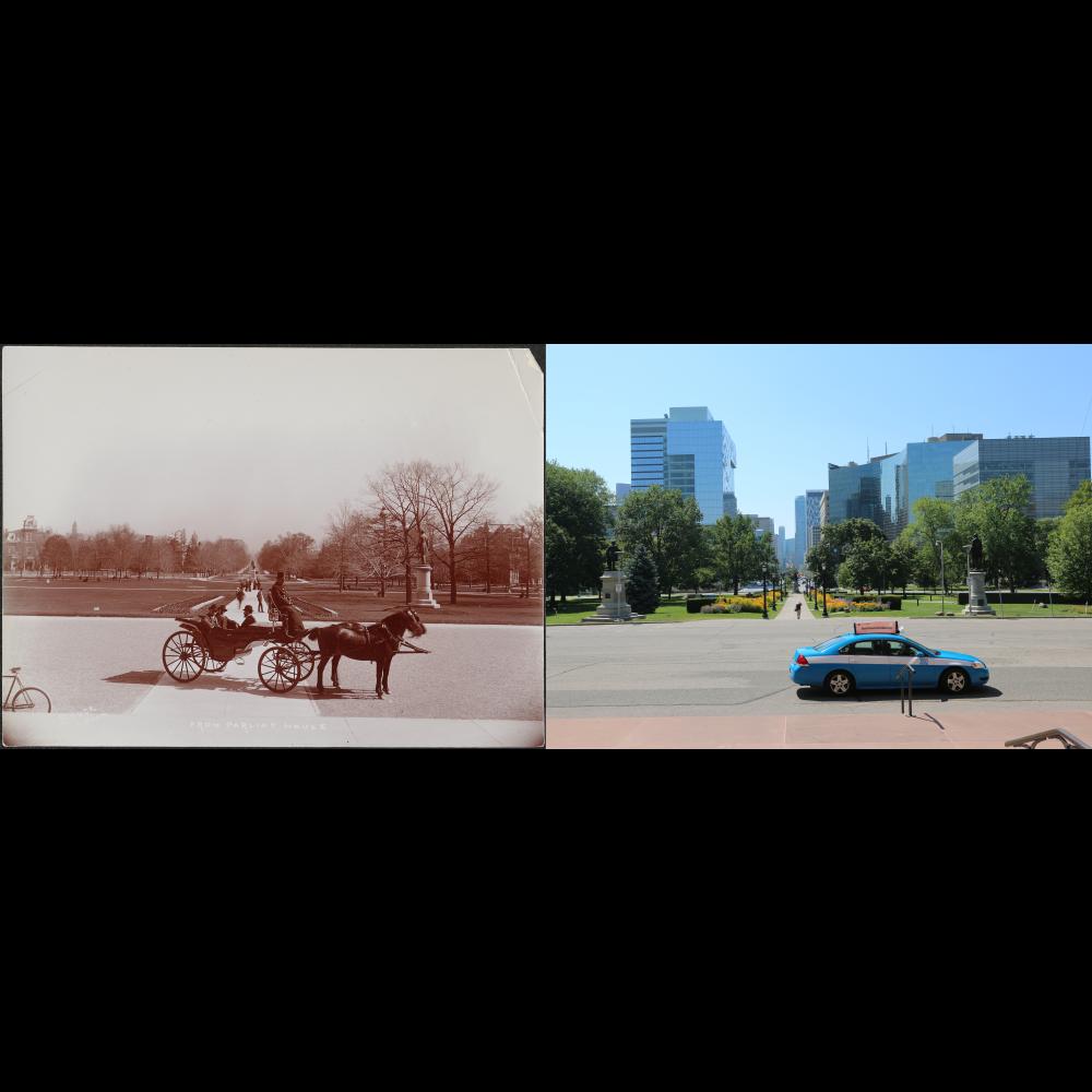 Image d'une vue contrastée vers le sud à partir de l'entrée sud de l'édifice législatif de l'Ontario