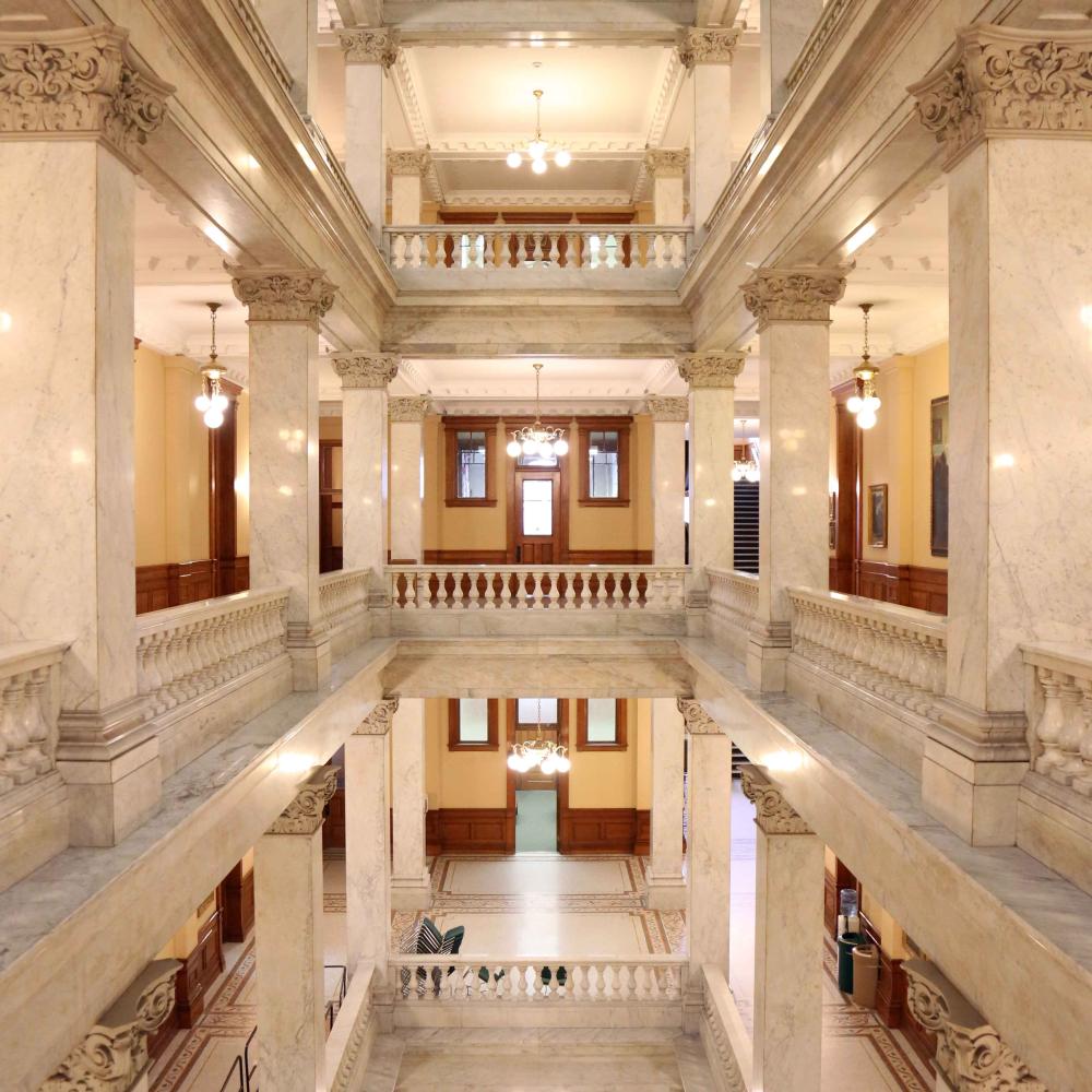 The four levels of the marble-adorned West wing of the Legislative building.