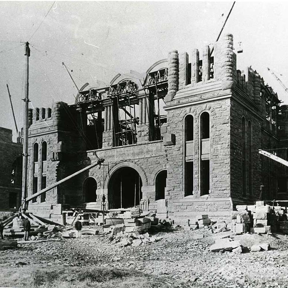 the front of the Legislative Building partially constructed