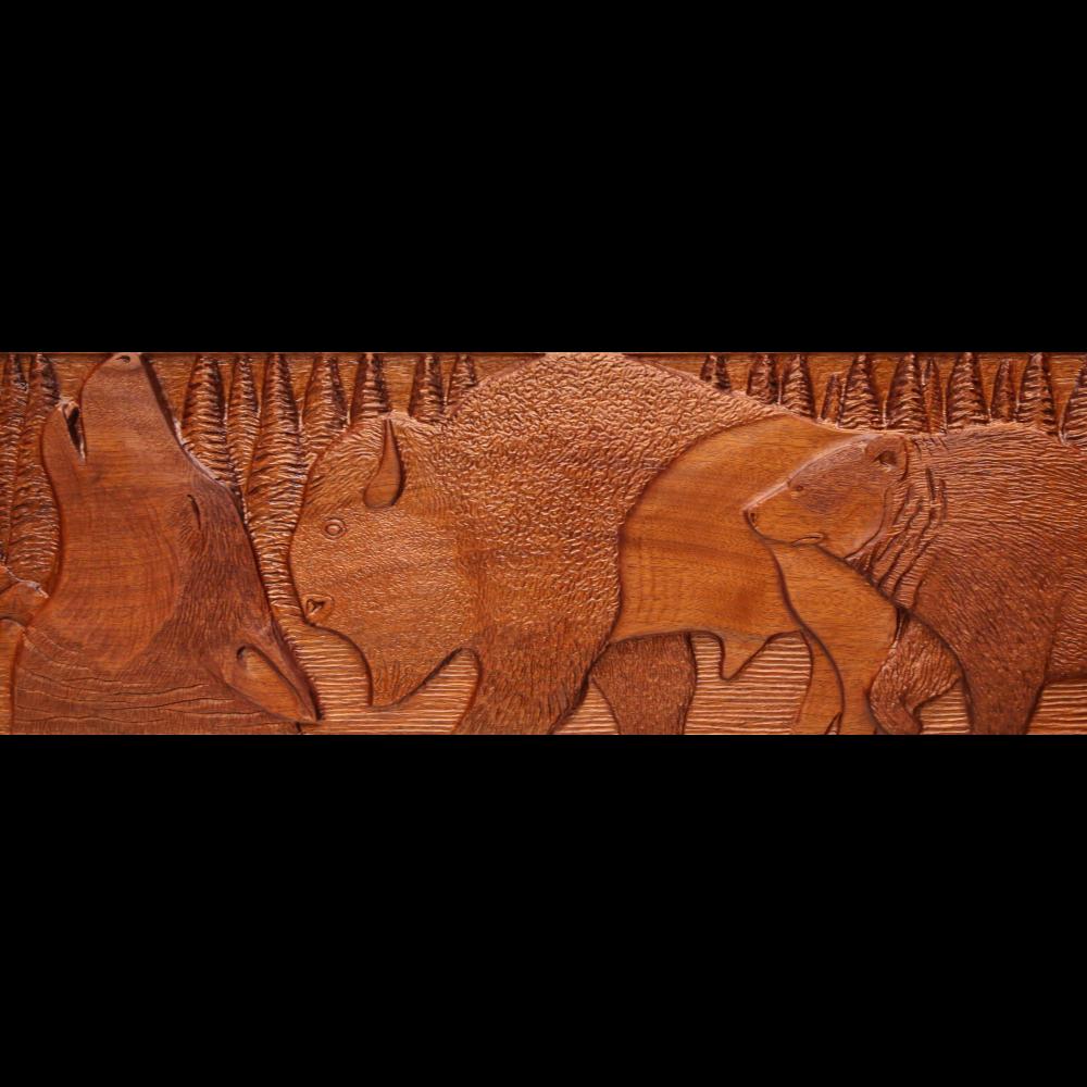 a detail from the Seven Sacred Teachings showing a wolf, a bison and a bear