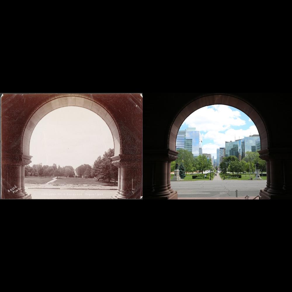 Contrasting images looking south from the front entrance at Ontario's Legislative Building, Queen's Park