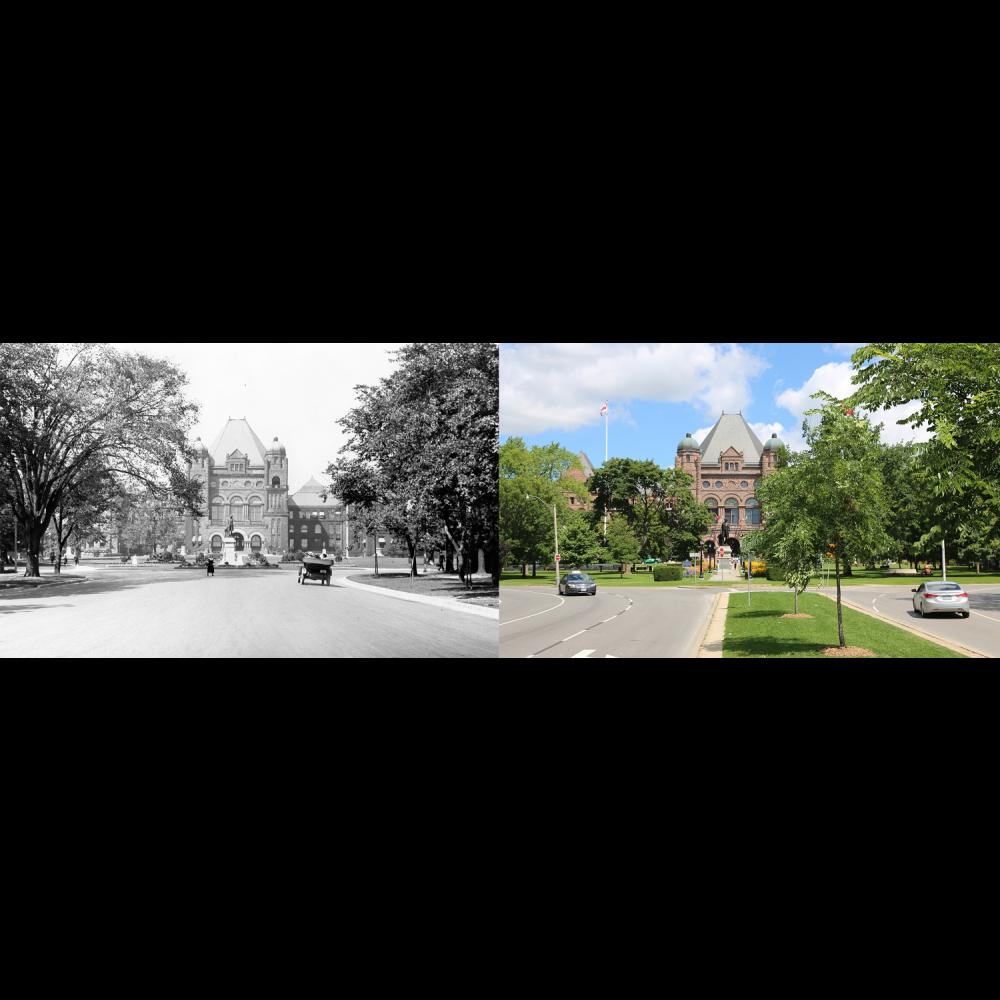 Images contrastées d'une vue de l'édifice législatif vers le nord à partir de l’avenue University